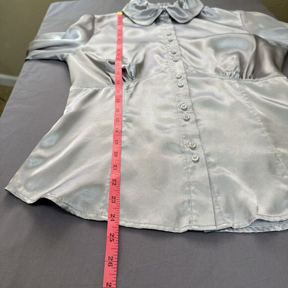 violet + claire blouse women small button up Metallic puff sleeve top silver - Picture 13 of 13